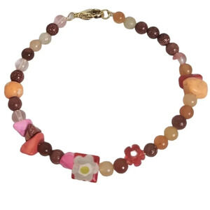 14K Golden Sand Red Flower Lampwork Glass Beads  Flower Amber Agate Bracelet